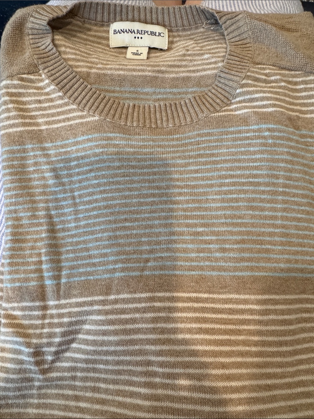 Banana Republic Pale Aqua, Beige and White Striped Crewneck Sweater 100% Cotton